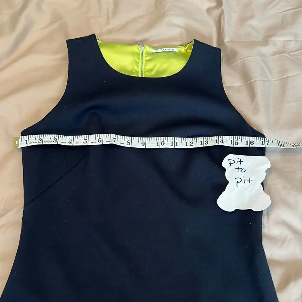 T Tahari navy blue sheath w/print band green & blue zipper & green lining - Picture 3 of 15